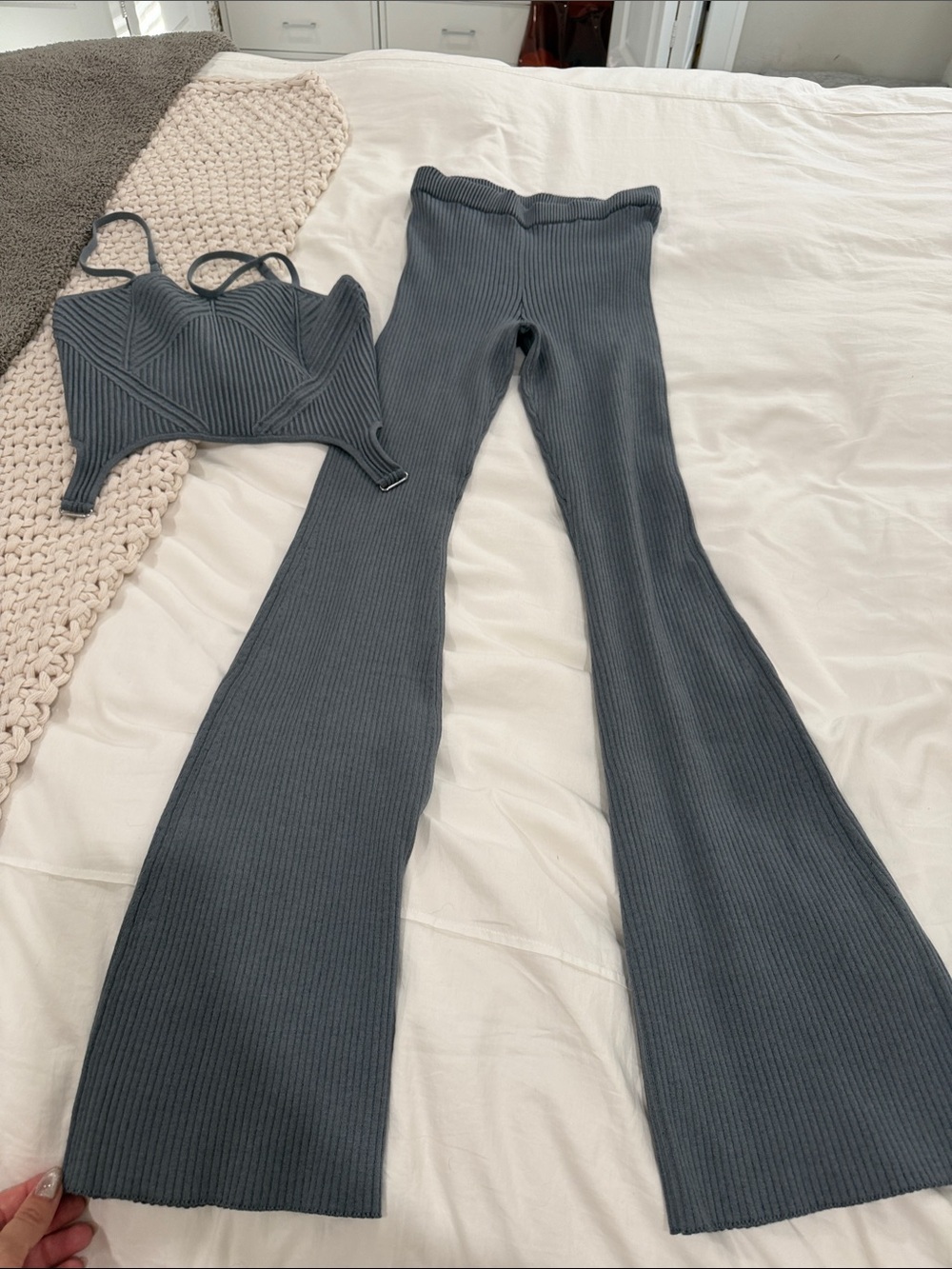 ALO Yoga Ribbed Flare Knit Pants in Charcoal Blue